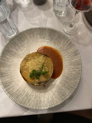 Aerial view of vegan moussaka   at Greek Stories in Athens