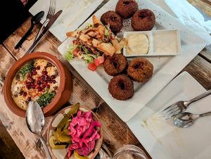Fatteh and Falafel platter at Zezafoun Syrian Cuisine in Toronto