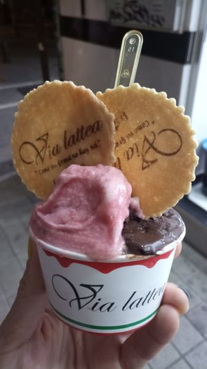 Helado de granada y de chocolate negro at Heladería Vía Lattea in Granada