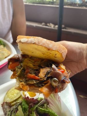 Delicious veggie sandwich. Just remove the cheese and Mayo to make it vegan.  at Lilikoi Cafe in Waimea