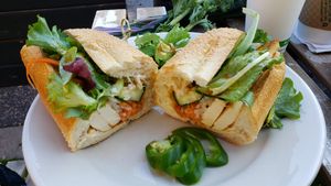 Tofu banh mi ($9), made w/a new vegan sauce. Excellent bread and super tasty overall. at Lake and Bryant Cafe in Minneapolis