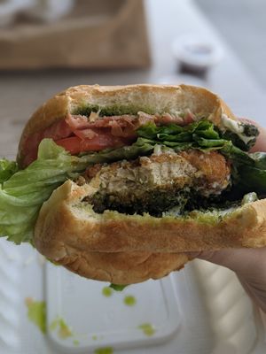 The crispy chicken sandwich. Such a good texture and taste! at Loving Hut - Mira Mesa in San Diego