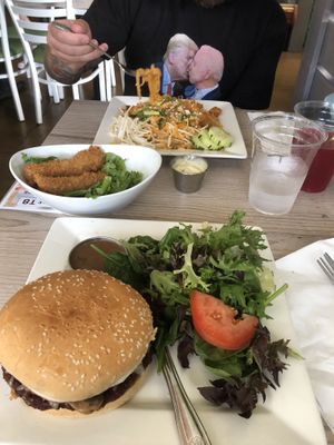 Inzane burger and pad Thai  at Loving Hut - Mira Mesa in San Diego