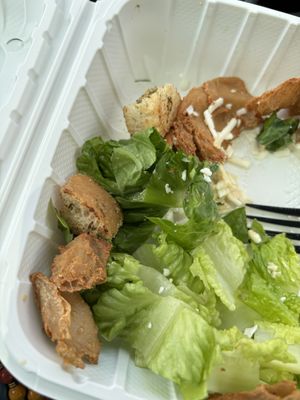 Dried and hard to chew “chikn” protein, and not laggy but weirdly soft croutons.   at Loving Hut - Mira Mesa in San Diego