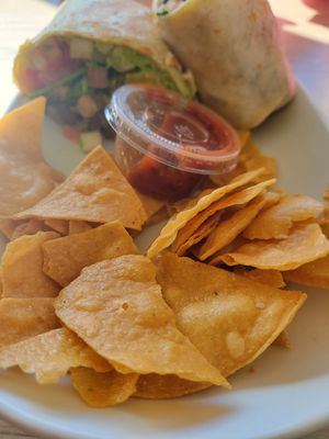 Cali Burrito 🌯 with nachos and salsa at Loving Hut - Mira Mesa in San Diego