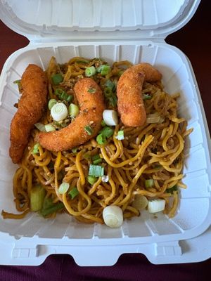 Cha cha garlic noodles (thick yellow noodles tossed with garlic and green onions in a butter soy sauce, topped with shrimp) at Loving Hut - Mira Mesa in San Diego