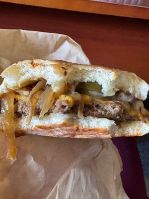 Better view of Benny’s cheesesteak burger at Loving Hut - Mira Mesa in San Diego