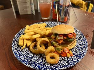 Fiesta burger, fries, onion rings & drinks   at The King's Highway in Inverness