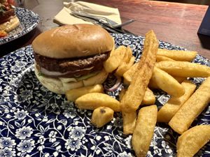 Vegan burger and chips   at The King's Highway in Inverness