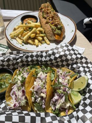 Fish tacos and hot dog  at Bone Free  in Costa Da Caparica