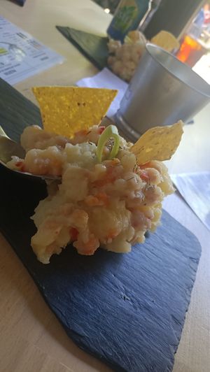 Ensaladilla Rusa (with vegan mayo) at Cervezas Bailandera in Bustarviejo