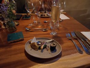 Appetizer: brandade of mushroom, cashew watercress dip, maki of cauliflower and avocado at Zwadderkotmolen in Oudenaarde