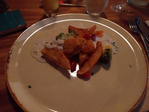 Main dish: lentil sweet potato burger, roast potatoes, shallot sauce, vegetables at Zwadderkotmolen in Oudenaarde