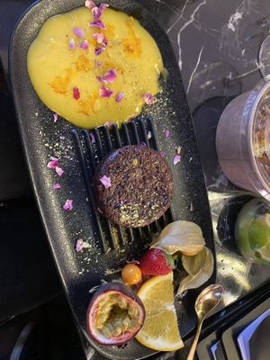 Brownie with Safran sauce and pistachio creme   at Shekamu in Nuremberg