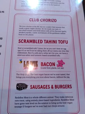 Info for vegan products at The Breakfast Club - London Bridge in South East London