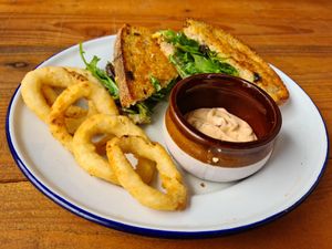 Magic Mushy toastie with added onion rings at Earth Cafe in Port Adelaide
