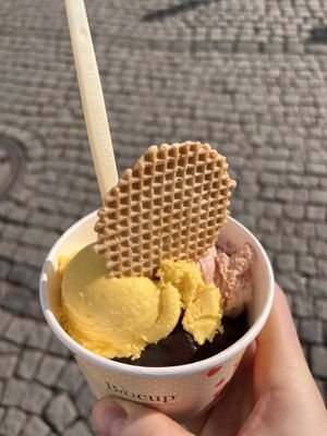 Mango, Erdbeere, Dunkle Schokolade, alle vegan. Bei der Waffel bin ich mir unsicher   at Eiscafe Dante in Dusseldorf