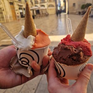 Lemon/strawberry and dark cholocate/raspberry-rose at Livanti Gelato Di Sicilia in Alicante