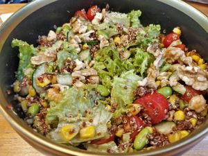 TPF Quinoa Salad - Lettuce, quinoa, chickpea, edamame, tomato, cucumber, corn with spiced paprika dressing topped with walnut. Contains Alliums. at The Plant Food  in Central Singapore