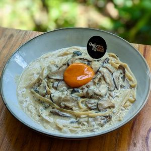 Vegan Moonlight Mushroom Carbonara with OnlyEg Yolk at The Plant Food  in Central Singapore
