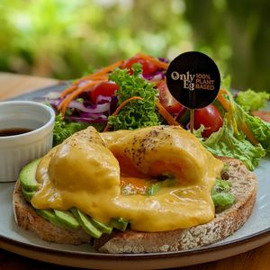 Vegan Avocado OnlyEg Benedict on Rye Sourdough at The Plant Food  in Central Singapore