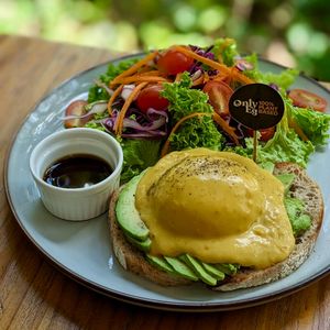 Vegan Avocado OnlyEg Benedict on Rye Sourdough at The Plant Food  in Central Singapore