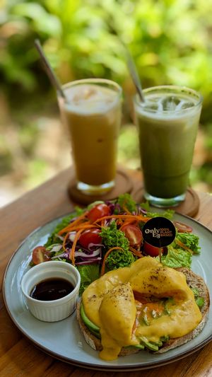 Vegan Avocado OnlyEg Benedict on Rye Sourdough, Vegan Turmeric Latte, Vegan Matcha Latte at The Plant Food  in Central Singapore