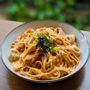 Vegan Creamy Seafood-less Spicy Gochujang Pasta at The Plant Food  in Central Singapore