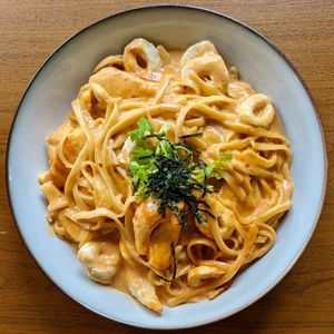Vegan Creamy Seafood-less Spicy Gochujang Pasta at The Plant Food  in Central Singapore