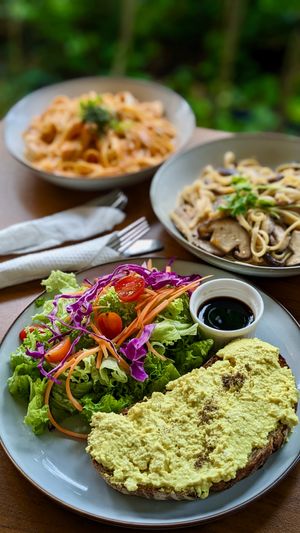 Creamy Vegan Egg Mayo on Rye Sourdough Toast, Creamy Seafood-less Spicy Gochujang Pasta, Mushroom Aglio Olio at The Plant Food  in Central Singapore