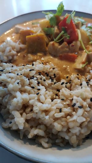 Thai Red Curry is really good! (I think I can drink a whole bowl of the curry lol) at The Plant Food  in Central Singapore