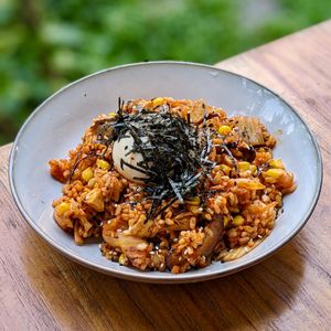 Vegan Kimchi Fried Rice with OnlyEg 'Poached Egg' at The Plant Food  in Central Singapore