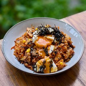 Vegan Kimchi Fried Rice with OnlyEg 'Poached Egg' at The Plant Food  in Central Singapore