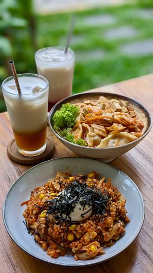 Vegan Kimchi Fried Rice with OnlyEg 'Poached Egg', Kimchi Dumpling Udon Soup, Iced Oolong Oat Milk Latte, Iced Red Shiso Latte at The Plant Food  in Central Singapore