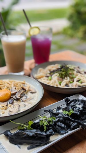Vegan Truffle Mushroom Gyoza, Creamy Truffle Mushroom Udon, Moonlight Mushroom Carbonara w OnlyEg Yolk, Aurora Iced Tea, Oolong Oat Milk Latte at The Plant Food  in Central Singapore