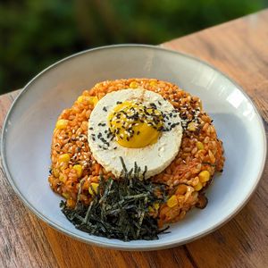 Vegan Kimchi Fried Rice with Tofu Pumpkin “Egg” at The Plant Food  in Central Singapore