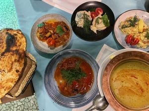 Different mezze dishes - taste the stuffed peppers!! at Hidden Garden  in Istanbul