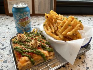 Red top with vg truffle waffle fries and a brew  at Square in Newcastle Upon Tyne