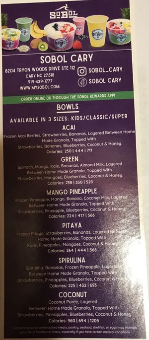 Sobol menu, Cary, NC  at SoBol in Cary