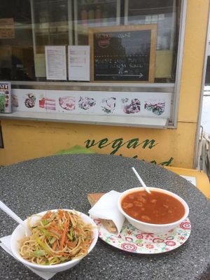 Goulash and chow main noodles at Loving Hut Express in Ljubljana