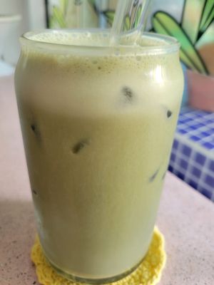 Iced Matcha almond milk at Crisp in Roatan
