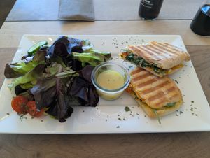 Faux Salmon Panini, big tasty salad 😋 at Rösterei Heer in Thun