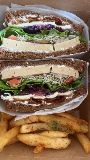 Seitan Roasted Turkey Deluxe Club Sandwich w/Rice Paper Bacon & House Provolone Cheese #Veganuary at Fu'una Cultures-I'm Into Something Good in Guam