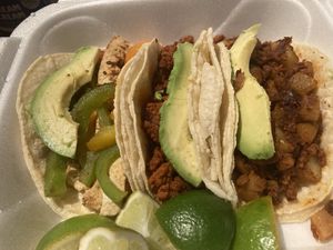 These are the 3 vegan meat options: imitation chicken, soy chorizo, and soy chorizo w/ potatoes  at Rincon Mexicano in Inver Grove Heights
