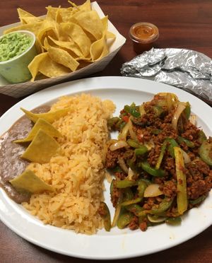 Veggie chorizo fajitas (veganized by omitting cheese & sour cream). Very good. Fresh & authentic tasting. at Rincon Mexicano in Inver Grove Heights