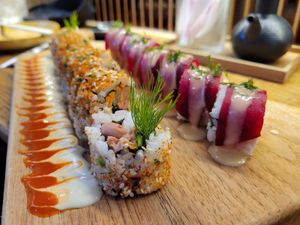 Vegan tuna and a beetroot option at WAKI WAKI Veggie Sushi in Bangkok