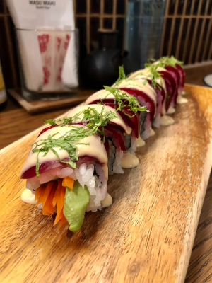 Beetroot-based roll (good) at WAKI WAKI Veggie Sushi in Bangkok