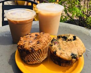 Pumpkin Chocolate Chip and Berry GF/Vegan muffins. Iced Stress Reliever with soy milk and Iced Chai with oat milk. Photo by Rebecca Bochenek-Veg Lakeshore at Lemonjello's Coffee Shop in Holland