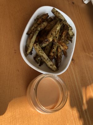 Roasted potato strips with yum yum sauce   at Green Street Eatery in Levittown