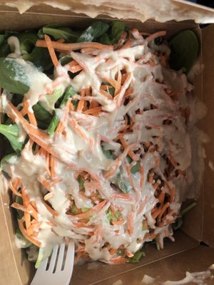 
Fully raw salad- nacho sauce, lettuce , tomato , spinach , scallion , guacamole, carrots, jalapeños, onions  at Green Street Eatery in Levittown